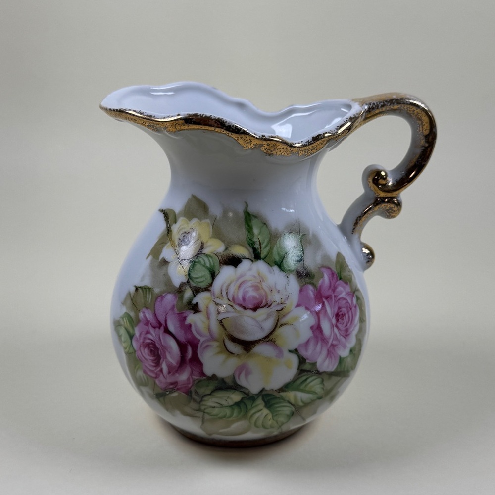 Antique Floral Porcelain Pitcher with Gold Accents